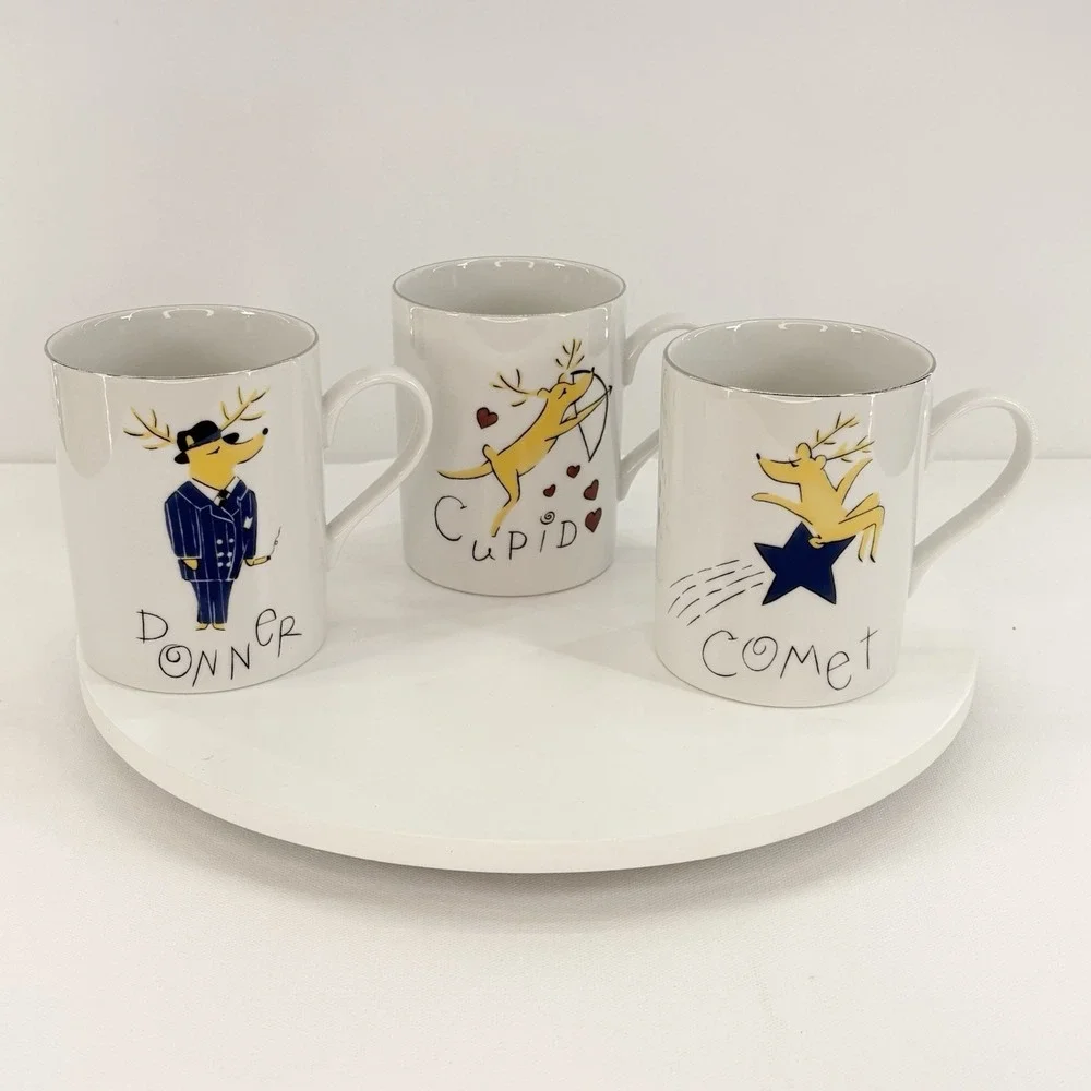 Pottery Barn Reindeer Mugs Christmas - Comet, Cupid &‎ Donner Coffee Tea Cup